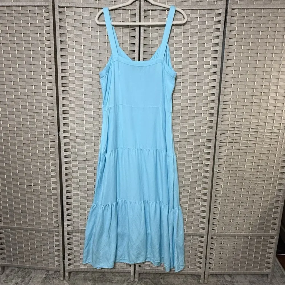 Loft Tiered Linen Blend Sundress Women’s Size 14 Aqua Blue Button Front Midi EUC